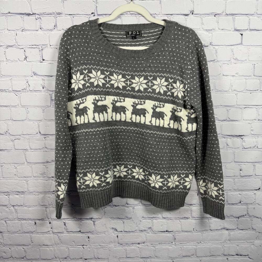 POL Nordic Snowflake Reindeer Holiday Christmas Sweater Size L